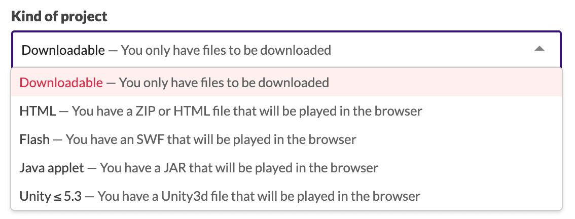 The Kind of project dropdown on itch.io, open, with the HTML row boxed.