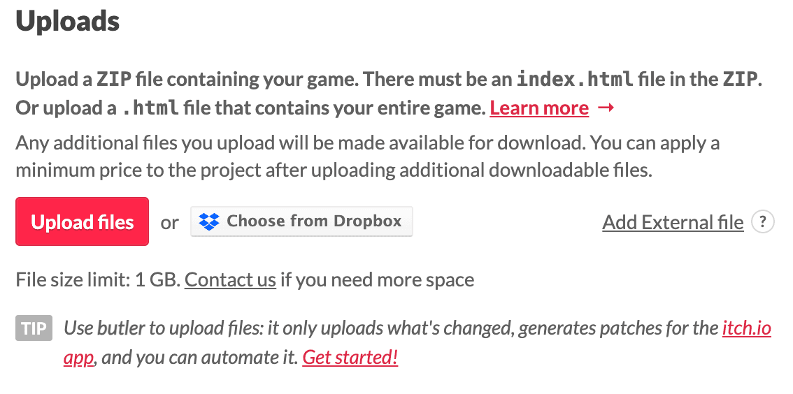 The Uploads section on itch.io, with the Upload files button boxed.