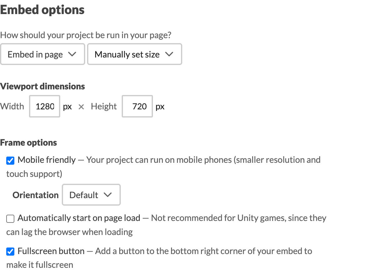 itch.io embed options set to 1280 by 720, with Mobile friendly and Fullscreen button ticked and boxed.