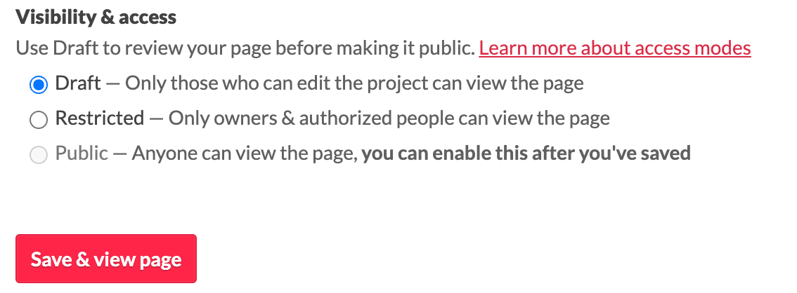 itch.io visibility settings, with Public greyed out and the Save and view page button boxed.